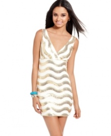 Sequins spread in metallic waves across this hot mini dress from As U Wish! For a look that's party-perfect, pair the dress with colorful accessories! Sequins spread in metallic waves across this hot mini dress from As U Wish! For a look that's party-perfect, pair the dress with colorful accessories!