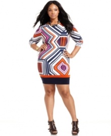 A super-cute print splashes onto Baby Phat's three-quarter-sleeve plus size dress, showcasing an open back!