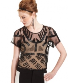Add a chic vintage touch to any ensemble with this Bar III Front Row beaded top. Add a chic vintage touch to any ensemble with this Bar III Front Row beaded top.