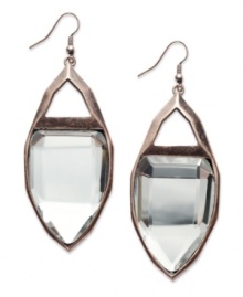 Walk the edge with Bar III. Teardrop silhouettes get to the point on these crystal drop earrings. Crafted in burnished copper tone mixed metal. Approximate drop: 2-1/2 inches. Walk the edge with Bar III. Teardrop silhouettes get to the point on these crystal drop earrings. Crafted in burnished copper tone mixed metal. Approximate drop: 2-1/2 inches.
