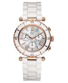 Combining femininity, purity of design and the functionality of a sport watch, this Gc Swiss Made Timepieces watch denotes the feminine side of iconic luxury. Featuring a polished rose goldtone PVD case and white ceramic bezel with precision a white mother-of-pearl dial. The case is complimented by a full high-tech white ceramic bracelet. Swiss multifunction movement. Swiss made. Water resistant to 100 meters. 10-year limited warranty. Luxury Gc gift box packaging included. Combining femininity, purity of design and the functionality of a sport watch, this Gc Swiss Made Timepieces watch denotes the feminine side of iconic luxury. Featuring a polished rose goldtone PVD case and white ceramic bezel with precision a white mother-of-pearl dial. The case is complimented by a full high-tech white ceramic bracelet. Swiss multifunction movement. Swiss made. Water resistant to 100 meters. 10-year limited warranty. Luxury Gc gift box packaging included.