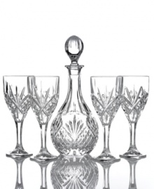 Long, faceted cuts in a traditional starburst pattern make these Godinger wine glasses sparkle and shine. Replace your bottle of wine with the coordinating decanter for additional refinement.