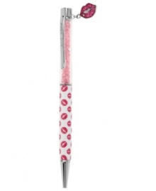 Seal it with a kiss. This pen from Betsey Johnson, crafted from silver-tone mixed metal with pink accents, does lip service in style as seen by the whimsical print and charm on top. Item comes packaged in a signature Betsey Johnson Gift Box. Approximate length: 5-1/2 inches. Approximate width: 3/8 inch.