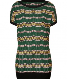 Give your look a vivid uplift in Missoni Ms green-multi zigzag knit top - Round neckline, cap sleeves, black ribbed knit trim - Loose fit - Wear with a knit skirt and sophisticated heels Give your look a vivid uplift in Missoni Ms green-multi zigzag knit top - Round neckline, cap sleeves, black ribbed knit trim - Loose fit - Wear with a knit skirt and sophisticated heels