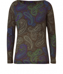 Perennially elegant paisley gets a modern, color-infused kick with Etros wool stretch top - Classically chic in an earthy sepia print with bold splashes of green, blue and purple - Long, fitted sleeves and wide, round neckline - Slim silhouette tapers slightly through waist - Versatile and sophisticated, seamlessly transitions from work to weekend - Pair with cigarette pants, skinny denim, pencil skirts and cropped trousers