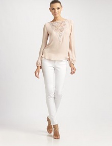 Supple silk, tailored in a blouson style and embellished with a romantic lace inset.BoatneckV-front lace insetLong blouson sleeves with button cuffsBack keyhole with button closureSilkDry cleanMade in Italy of imported fabricModel shown is 5'11 (180cm) wearing US size 4. Supple silk, tailored in a blouson style and embellished with a romantic lace inset.BoatneckV-front lace insetLong blouson sleeves with button cuffsBack keyhole with button closureSilkDry cleanMade in Italy of imported fabricModel shown is 5'11 (180cm) wearing US size 4.