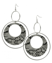 Ravishingly reptilian. These double ring hoop earrings from GUESS take an exotic turn with black and white python print at the inner pendant. Crafted in imitation rhodium-plated mixed metal. Approximate drop: 3-1/4 inches. Approximate diameter: 2-1/4 inches. Ravishingly reptilian. These double ring hoop earrings from GUESS take an exotic turn with black and white python print at the inner pendant. Crafted in imitation rhodium-plated mixed metal. Approximate drop: 3-1/4 inches. Approximate diameter: 2-1/4 inches.