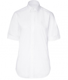 This chic tailored blouse from Polo Ralph Lauren is the perfect addition to your work wardrobe - Slim fit, small spread collar, short sleeves, concealed front button placket, rounded hem - Pair with slim cut trousers, a modern blazer, and classic pumps This chic tailored blouse from Polo Ralph Lauren is the perfect addition to your work wardrobe - Slim fit, small spread collar, short sleeves, concealed front button placket, rounded hem - Pair with slim cut trousers, a modern blazer, and classic pumps