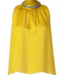 Regal yet rock n roll, this embellished silk top from Moschino Cheap & Chic brings chic appeal to your day or night look - Stand collar with crystal embellishment, gathered neckline, sleeveless, flared relaxed silhouette, back keyhole opening with button closure - Pair with high-waisted trousers or a pencil skirt and heels Regal yet rock n roll, this embellished silk top from Moschino Cheap & Chic brings chic appeal to your day or night look - Stand collar with crystal embellishment, gathered neckline, sleeveless, flared relaxed silhouette, back keyhole opening with button closure - Pair with high-waisted trousers or a pencil skirt and heels