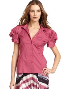 THE LOOKShirt collarShort puff sleeves with twisted detailFront button closureFront and back seamsTHE FITAbout 25 from shoulder to hemTHE MATERIAL72% cotton/24% nylon/4% elastaneCARE & ORIGINDry cleanImportedModel shown is 5'10½ (179cm) wearing US size 4. THE LOOKShirt collarShort puff sleeves with twisted detailFront button closureFront and back seamsTHE FITAbout 25 from shoulder to hemTHE MATERIAL72% cotton/24% nylon/4% elastaneCARE & ORIGINDry cleanImportedModel shown is 5'10½ (179cm) wearing US size 4.