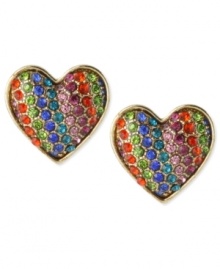 Make a colorful statement with this pair of stud earrings from Betsey Johnson. Crafted from gold-tone mixed metal, the earrings cover the full spectrum with vibrant glass crystal accents adding to the appeal. Approximate drop: 5/8 inch. Make a colorful statement with this pair of stud earrings from Betsey Johnson. Crafted from gold-tone mixed metal, the earrings cover the full spectrum with vibrant glass crystal accents adding to the appeal. Approximate drop: 5/8 inch.