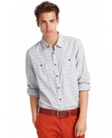 Roll up your sleeves. The fine lines on this shirt from American Rag point the way toward cool, casual style.