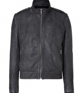 Modern take on the classic moto jacket designed in dark grey leather with a short, fitted cut - Long, slender sleeves, stand collar, shoulder bars and a zip closure - Work for casual or dressed looks, with jeans or suit pants - Jacket to wear for a lifetime