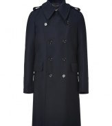 With razor sharp tailoring and ultra chic details, the classic coat gets a decidedly downtown update from Belstaff - Pointed collar with hook closure, long sleeves, double-breasted button front, epaulettes, flap pockets, buttoned back sash - Pairs stunningly with jeans and suits alike