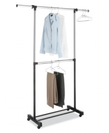 Leave your wardrobe hanging! Multiply your storage and hanging space in seconds with this innovative solution-two chromed steel bars adjust to the perfect height to accommodate all of your clothes and de-clutter your closet!