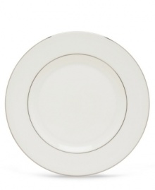 Pristine white bone china and an intricately detailed embossed decal decoration on the salad plate combine to give a contemporary edge to the sophisticated table. The gently scalloped edge is enhanced by a platinum gild along the outer rim. (Clearance)