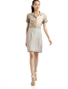 THE LOOKShirt collarShort sleeves with side ruchingButton front closureTHE FITAbout 26 from shoulder to hemTHE MATERIALCottonCARE & ORIGINDry cleanMade in CanadaModel shown is 5'10½ (179cm) wearing US size 4. THE LOOKShirt collarShort sleeves with side ruchingButton front closureTHE FITAbout 26 from shoulder to hemTHE MATERIALCottonCARE & ORIGINDry cleanMade in CanadaModel shown is 5'10½ (179cm) wearing US size 4.