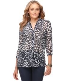 Semi-sheer fabric adorned with a pretty print makes this Charter Club blouse a day-to-night essential. Pair it with a cami and slim pants for an expertly matched ensemble. (Clearance) Semi-sheer fabric adorned with a pretty print makes this Charter Club blouse a day-to-night essential. Pair it with a cami and slim pants for an expertly matched ensemble. (Clearance)