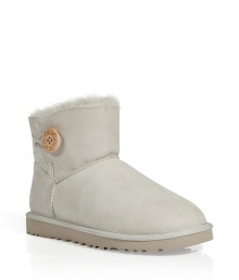 Inject luxe comfort into your casual cold weather looks with these mini boots from UGG Australia -Ankle length, suede with shearling lining, button detail at ankle - Wear with skinny jeans, a tee, and a boyfriend sweater Inject luxe comfort into your casual cold weather looks with these mini boots from UGG Australia -Ankle length, suede with shearling lining, button detail at ankle - Wear with skinny jeans, a tee, and a boyfriend sweater