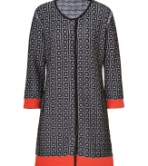 With a chic mix of pattern and colorblock, Steffen Schrauts jacquard woven coat is a contemporary way to dress up workweek looks - Collarless, long sleeves, blood orange cuffs and trim, side slit pockets, hidden front closures - Loosely tailored fit - Wear over a sheath dress with pin heels and a leather tote