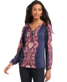 Channel style from faraway lands in Charter Club's pretty peasant top. The exotic print makes it a sophisticated choice for day or night! Channel style from faraway lands in Charter Club's pretty peasant top. The exotic print makes it a sophisticated choice for day or night!