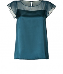 Work a feminine edge into your workweek looks with DKNYs ultra romantic satin and sheer silk top - Round neckline, buttoned slit at nape, draped cap sleeves, satin body, sheer yolk - Loosely draped fit - Team with tailored separates and sleek leather accessories Work a feminine edge into your workweek looks with DKNYs ultra romantic satin and sheer silk top - Round neckline, buttoned slit at nape, draped cap sleeves, satin body, sheer yolk - Loosely draped fit - Team with tailored separates and sleek leather accessories
