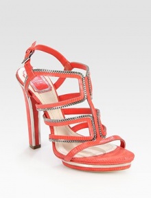 Supported by a skinny heel and platform with goldtone metal inserts, this tejus-printed suede silhouette has an adjustable slingback and goldtone chain trim. Self-covered heel, 5 (125mm)Self-covered platform, ½ (15mm)Compares to a 4½ heel (115mm)Metal chain and tejus-printed suede upperLeather lining and solePadded insoleMade in ItalyOUR FIT MODEL RECOMMENDS ordering one size up as this style runs small. Supported by a skinny heel and platform with goldtone metal inserts, this tejus-printed suede silhouette has an adjustable slingback and goldtone chain trim. Self-covered heel, 5 (125mm)Self-covered platform, ½ (15mm)Compares to a 4½ heel (115mm)Metal chain and tejus-printed suede upperLeather lining and solePadded insoleMade in ItalyOUR FIT MODEL RECOMMENDS ordering one size up as this style runs small.