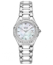 Sweet sophistication: this stunning timepiece from Citizen grabs attention with white ceramic and glistening diamonds. Powered by Eco-Drive, harnessing natural and artificial light, never needing a battery. Sweet sophistication: this stunning timepiece from Citizen grabs attention with white ceramic and glistening diamonds. Powered by Eco-Drive, harnessing natural and artificial light, never needing a battery.