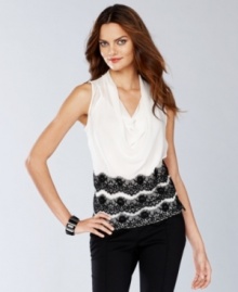 Delicate eyelash lace updates INC's classic cowlneck silhouette. Wear this chic top for evening with tuxedo-inspired pants or a sophisticated pencil skirt. Delicate eyelash lace updates INC's classic cowlneck silhouette. Wear this chic top for evening with tuxedo-inspired pants or a sophisticated pencil skirt.