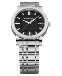 This Burberry timepiece features a stainless steel bracelet and case. Black etched check dial with logo, date window at 3 o'clock and polished silvertone indices. Three hands. Swiss movement. Water resistant to 30 meters. Two-year limited warranty. This Burberry timepiece features a stainless steel bracelet and case. Black etched check dial with logo, date window at 3 o'clock and polished silvertone indices. Three hands. Swiss movement. Water resistant to 30 meters. Two-year limited warranty.