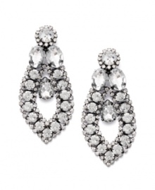 Victorian elegance equals vintage appeal. Bar III's antique-inspired drop earrings shine with the addition of sparkling clear crystals set in silver tone mixed metal. Approximate drop: 3-3/4 inches. Victorian elegance equals vintage appeal. Bar III's antique-inspired drop earrings shine with the addition of sparkling clear crystals set in silver tone mixed metal. Approximate drop: 3-3/4 inches.