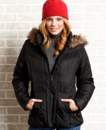 Brave the colder months in cute, sporty style with Dollhouse's soft-shell coat. Features a faux-fur trimmed hood and artful seam design. Brave the colder months in cute, sporty style with Dollhouse's soft-shell coat. Features a faux-fur trimmed hood and artful seam design.