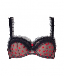 Get the sultry glamorous look of a vintage 1950s pin up girl in Von Follies by Dita Von Teeses black balconette bra, detailed with ruffled mesh trim and fun red embroidered dots - perfect for giving as a saucy holiday gift! - Underwire style with wired sides, lightly padded structured nude cups, ruffled sheer black mesh trim, dotted mesh trim on cups, dotted mesh sides, ruffle detailed thick straps, iconic soft elastic triangle cross back detail, adjustable hook-and-eye closures - Wear with the matching briefs for a seriously seductive look Get the sultry glamorous look of a vintage 1950s pin up girl in Von Follies by Dita Von Teeses black balconette bra, detailed with ruffled mesh trim and fun red embroidered dots - perfect for giving as a saucy holiday gift! - Underwire style with wired sides, lightly padded structured nude cups, ruffled sheer black mesh trim, dotted mesh trim on cups, dotted mesh sides, ruffle detailed thick straps, iconic soft elastic triangle cross back detail, adjustable hook-and-eye closures - Wear with the matching briefs for a seriously seductive look