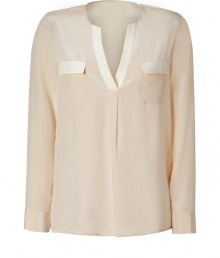 With an effortless chic look in pristine silk, Steffen Schrauts pastel detailed top is perfect for both dressing up and down - Open round neckline, long sleeves, buttoned cuffs, side slits, flap chest pockets, two-tone trim - Loosely fitted - Wear with skinnies, flats and a leather carryall With an effortless chic look in pristine silk, Steffen Schrauts pastel detailed top is perfect for both dressing up and down - Open round neckline, long sleeves, buttoned cuffs, side slits, flap chest pockets, two-tone trim - Loosely fitted - Wear with skinnies, flats and a leather carryall