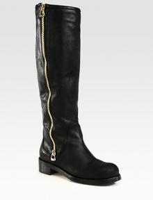 An exposed zipper adds edgy-chic style to this tall silhouette of oiled leather. Stacked heel, 1½ (40mm)Shaft, 16½Leg circumference, 15½Oiled leather upperSide zipLeather liningRubber solePadded insoleMade in Italy An exposed zipper adds edgy-chic style to this tall silhouette of oiled leather. Stacked heel, 1½ (40mm)Shaft, 16½Leg circumference, 15½Oiled leather upperSide zipLeather liningRubber solePadded insoleMade in Italy