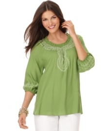 Chic embroidery and a laid-back fit combine for a well-traveled look in this peasant top from JM Collection! Pair it with basic pants for breezy style. Chic embroidery and a laid-back fit combine for a well-traveled look in this peasant top from JM Collection! Pair it with basic pants for breezy style.