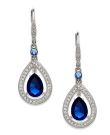 Splendor at your fingertips. This pair of drop earrings from Eliot Danori is crafted from rhodium-plated brass with teardrop-cut sapphire-colored cubic zirconias (3-3/4 ct. t.w.) surrounded by sparkling clear crystals. Approximate drop: 7/8 inch. Splendor at your fingertips. This pair of drop earrings from Eliot Danori is crafted from rhodium-plated brass with teardrop-cut sapphire-colored cubic zirconias (3-3/4 ct. t.w.) surrounded by sparkling clear crystals. Approximate drop: 7/8 inch.