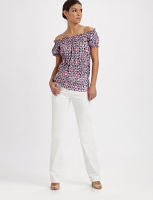 An exquisite floral print sets the scene for a flattering top with impeccable ruched details. Round necklineShort sleevesRuching along neckline, sleeves and hemPull-on styleAbout 23 from shoulder to hemCottonMachine washImported of Italian fabric An exquisite floral print sets the scene for a flattering top with impeccable ruched details. Round necklineShort sleevesRuching along neckline, sleeves and hemPull-on styleAbout 23 from shoulder to hemCottonMachine washImported of Italian fabric