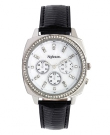 Embrace elegance with this sparkling watch by Style&co. Black leather strap and round silver tone mixed metal case. Bezel embellished with crystal accents. White mother-of-pearl dial features crystal accent markers, three multifunctional subdials, three silver tone hands and logo. Quartz movement. Splash resistant. Two-year limited warranty. Embrace elegance with this sparkling watch by Style&co. Black leather strap and round silver tone mixed metal case. Bezel embellished with crystal accents. White mother-of-pearl dial features crystal accent markers, three multifunctional subdials, three silver tone hands and logo. Quartz movement. Splash resistant. Two-year limited warranty.