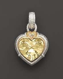 Faceted canary crystal heart is framed in 18 Kt. gold and sterling silver; with diamond accents. Chain sold separately. Designed by Judith Ripka. Faceted canary crystal heart is framed in 18 Kt. gold and sterling silver; with diamond accents. Chain sold separately. Designed by Judith Ripka.