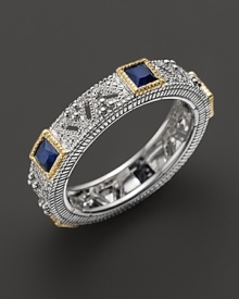 Judith Ripka Sterling Silver and 18K Gold Estate Band Ring with Blue Corundum Judith Ripka Sterling Silver and 18K Gold Estate Band Ring with Blue Corundum