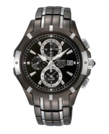 A multi-functional timepiece for the always-on-the-move gentleman, by Seiko. Black ion-plated stainless steel bracelet and round case. Black dial features silver-tone hands, applied stick indices at markers, minute track, three subdials including alarm function, date window at three o'clock, and logo. Chronograph movement. Water resistant to 100 meters. Three-year limited warranty. A multi-functional timepiece for the always-on-the-move gentleman, by Seiko. Black ion-plated stainless steel bracelet and round case. Black dial features silver-tone hands, applied stick indices at markers, minute track, three subdials including alarm function, date window at three o'clock, and logo. Chronograph movement. Water resistant to 100 meters. Three-year limited warranty.