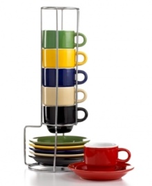 A coffee-break sensation. Gibson's stylish espresso set features cups and saucers in bold solid colors, all neatly stacked in one silvertone caddy. A coffee-break sensation. Gibson's stylish espresso set features cups and saucers in bold solid colors, all neatly stacked in one silvertone caddy.