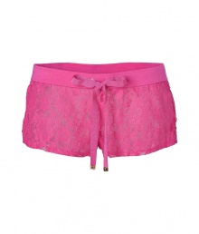 Seductive and sweet with their bright magenta lace, Juicy Coutures figure-hugging shorts are a fun choice for seriously sultry lounging - Solid stretch waistband, tonal grosgrain drawstring with gold-toned logo engraved aglets, logo charm - Form-fitting, extra short - Wear with the matching lace tank and a robe for cool weather lounging Seductive and sweet with their bright magenta lace, Juicy Coutures figure-hugging shorts are a fun choice for seriously sultry lounging - Solid stretch waistband, tonal grosgrain drawstring with gold-toned logo engraved aglets, logo charm - Form-fitting, extra short - Wear with the matching lace tank and a robe for cool weather lounging