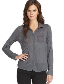 THE LOOKSilk shirt collarFront button closureLong button cuff sleevesSilk chest pocketsSheer silk back panelTHE FITAbout 24 from shoulder to hemTHE MATERIAL85% modal/15% cashmereCARE & ORIGINDry cleanMade in USAModel shown is 5'9½ (176cm) wearing US size Small. THE LOOKSilk shirt collarFront button closureLong button cuff sleevesSilk chest pocketsSheer silk back panelTHE FITAbout 24 from shoulder to hemTHE MATERIAL85% modal/15% cashmereCARE & ORIGINDry cleanMade in USAModel shown is 5'9½ (176cm) wearing US size Small.