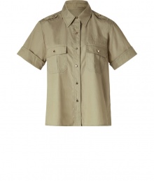 Stylish shirt in fine green cotton - trendy safari look, with shoulder epaulets, breast pockets and short, cuffed sleeves - glamorous detail: gold-colored buttons - cut is slim and feminine - cool, casual, trendy - combine the shirt with slim pieces, like jeans, a maxi-skirt or chinos Stylish shirt in fine green cotton - trendy safari look, with shoulder epaulets, breast pockets and short, cuffed sleeves - glamorous detail: gold-colored buttons - cut is slim and feminine - cool, casual, trendy - combine the shirt with slim pieces, like jeans, a maxi-skirt or chinos