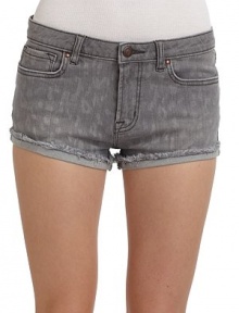 THE LOOKGrey denim with faint leopard pattern Narrow waistband with belt loops and logo button closureFront zipper5-pocket styleCurved frayed cuffed hemBack waist logo patchTHE FITRise, about 8½Inseam, about 2THE MATERIAL98% cotton/2% spandexCARE & ORIGINMachine washImportedModel shown is 5'9 (175cm) wearing US size 4. THE LOOKGrey denim with faint leopard pattern Narrow waistband with belt loops and logo button closureFront zipper5-pocket styleCurved frayed cuffed hemBack waist logo patchTHE FITRise, about 8½Inseam, about 2THE MATERIAL98% cotton/2% spandexCARE & ORIGINMachine washImportedModel shown is 5'9 (175cm) wearing US size 4.
