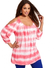 A far-out print splashes onto INC's cold-shoulder plus size top for a groovy casual look! A far-out print splashes onto INC's cold-shoulder plus size top for a groovy casual look!