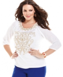 It's your time to shine with INC's three-quarter sleeve plus top, accented by sequined embroidery. It's your time to shine with INC's three-quarter sleeve plus top, accented by sequined embroidery.
