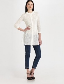 Airy cotton eyelet, accented with crisp epaulettes and an alluring draped back.Jewel necklineFront button placketThree-quarter sleeves with button cuffsBack drape detailAbout 23 from shoulder to hemCottonDry cleanMade in Italy of imported fabricModel shown is 5'11 (180cm)wearing US size 4. Airy cotton eyelet, accented with crisp epaulettes and an alluring draped back.Jewel necklineFront button placketThree-quarter sleeves with button cuffsBack drape detailAbout 23 from shoulder to hemCottonDry cleanMade in Italy of imported fabricModel shown is 5'11 (180cm)wearing US size 4.